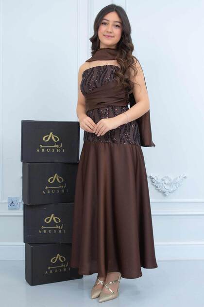 Embroidered Brown Princess Dress with Scarf - Tween Age Dress