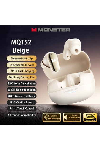 Beige New Monster MQT52 TWS Wireless Bluetooth 5.4 Headset HIFI Stereo Music Gaming Earphones Talkin