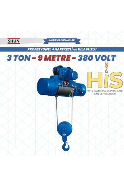 3 Ton 9 Metre Kılavuzlu 4 Hareketli Elektrikli Halatlı Tavan Vinci (380V)