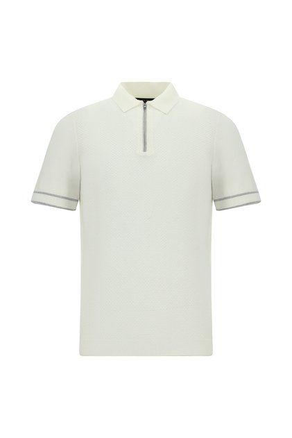 Regular Fit Zippered Patterned Cotton Polo Collar Knitted Silk Blend T-Shirt