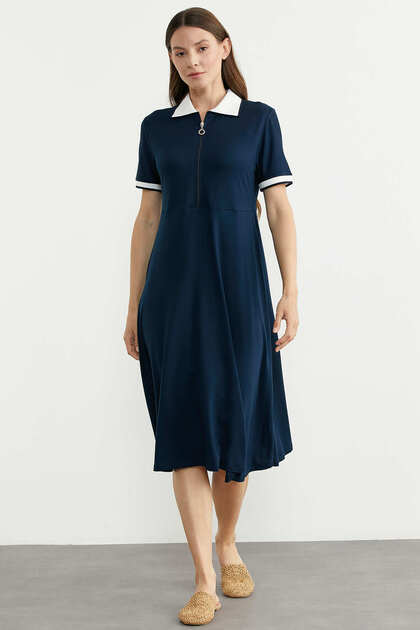 Polo Collar Zippered Combed Cotton Dress - Navy Blue