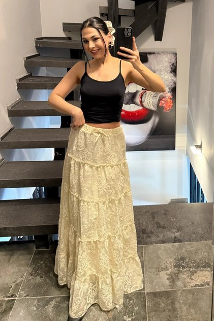 Cream Embroidery Detailed Midi Skirt - 50235