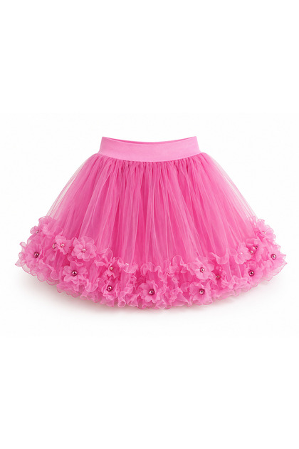 Girl's Tulle Skirt with Floral Detail, Pink Flared Model, Ages 5-13