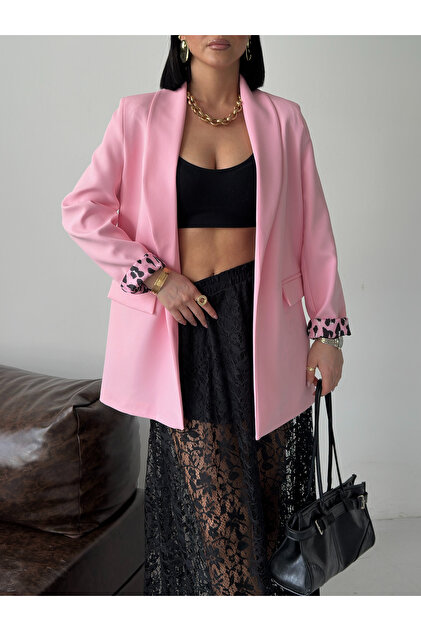Kadın Şeker Pembesi Leopar Astar Detaylı Blazer Ceket