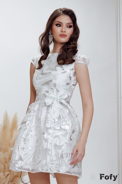 Rochie de banchet sofisticata din brocart din organza alba cu lurex argintiu