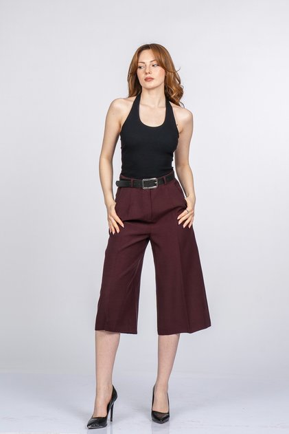 Kadın Yazlık Bordo Roselle Kemerli Kapri Pantolon Şık Günlük Rahat 30386