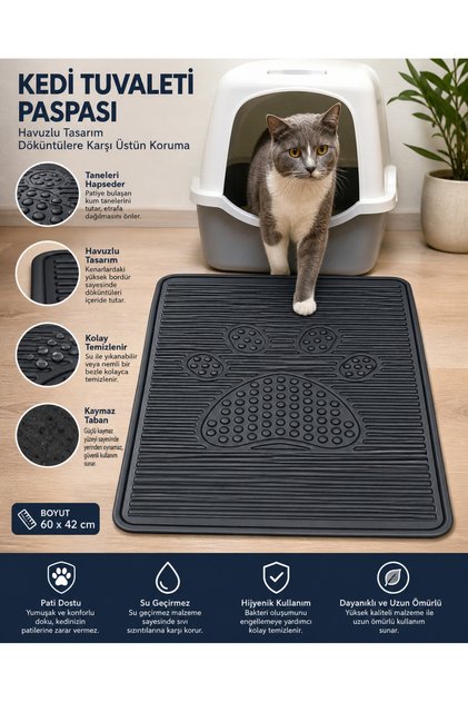 Kedi Kumu Paspası 60x42 Havuzlu Kaymaz Yıkanabilir Kedi Tuvalet Altlığı Döküntü Önleyici Mat
