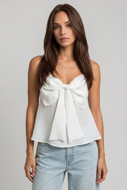 Women's Linen-Like Blouse with Bow Detail on the Front and Adjustable Thin Straps