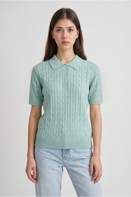 Water Green Polo Collar Short Sleeve Buttoned Knitted Patterned Women's Summer Knitwear Sweater