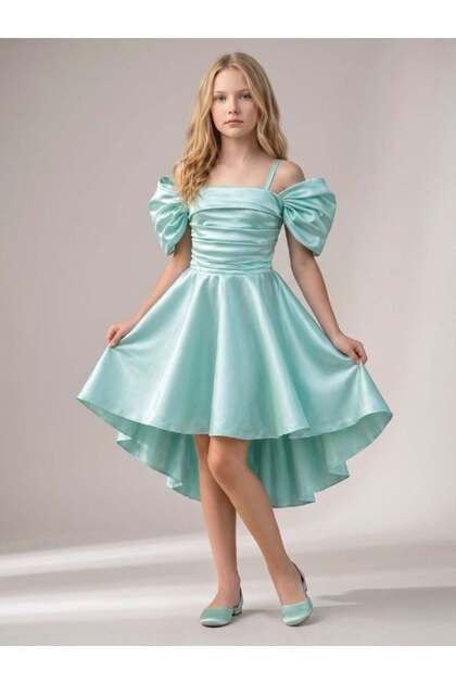 Zekids Girl's Shoulder Detail Satin Short Front Long Back Evening Dress- Trendyol Zekids Girl's Shoulder Detail Satin Short Front Long Back Evening Dress- Trendyol