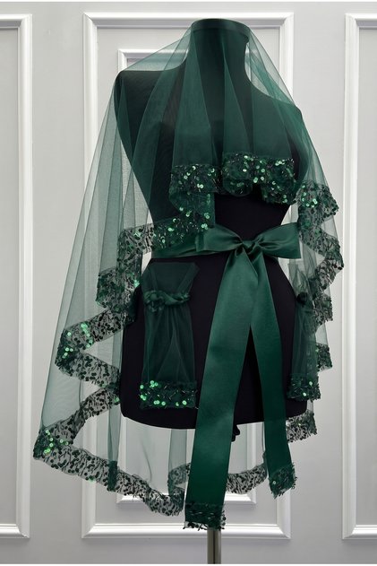 Emerald Green Bridal Veil Set, Sparkling Sequins and Sequin Embroidery, Henna Night Veil, Bridal Veil