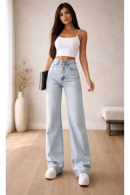 Dina Women's Ice Snow Wash Blue Lycra Super High Waist Loose Jeans Palazzo Trousers