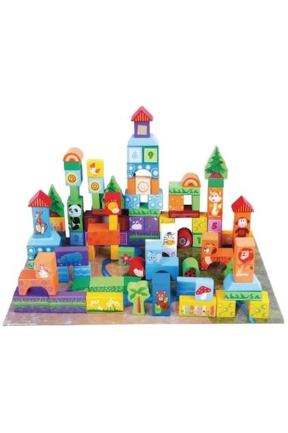 ® Set de 100 de cuburi de construcție din lemn, numere și animale, multicolor, 3 ani+