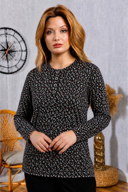 Kadın Büyük Beden Bisiklet Yaka Anne Penye Bluz Battal Desenli