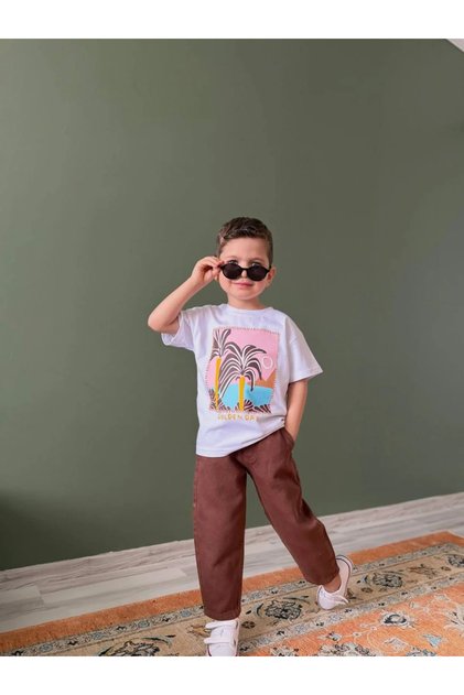 Palm Tree Patterned T-Shirt Brown Gabardine Trousers Boys' Set