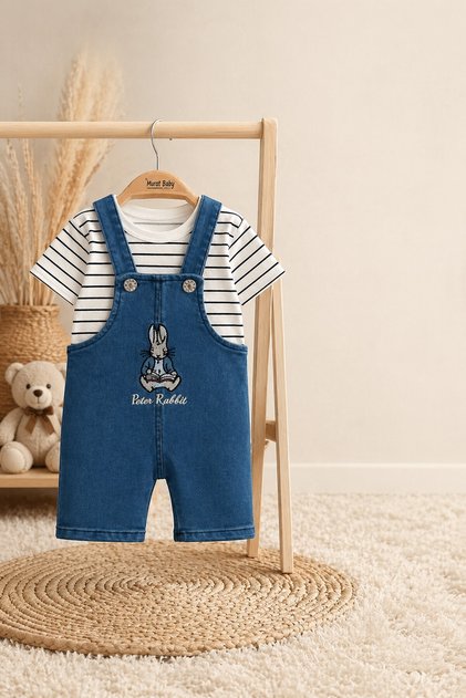 Baby Boy Salopet Set - Summer Baby Combination with Striped T-Shirt