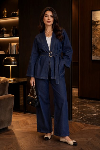 Belden kemerli jean kimono takım
