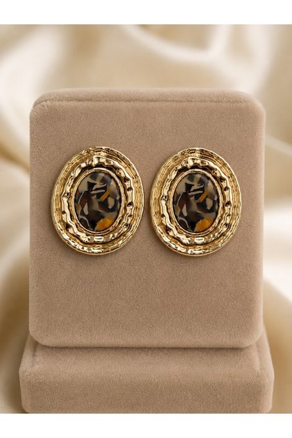Leora Leopard Patterned Gold Color Vintage Premium Oval Framed Gold Women's Earring Set