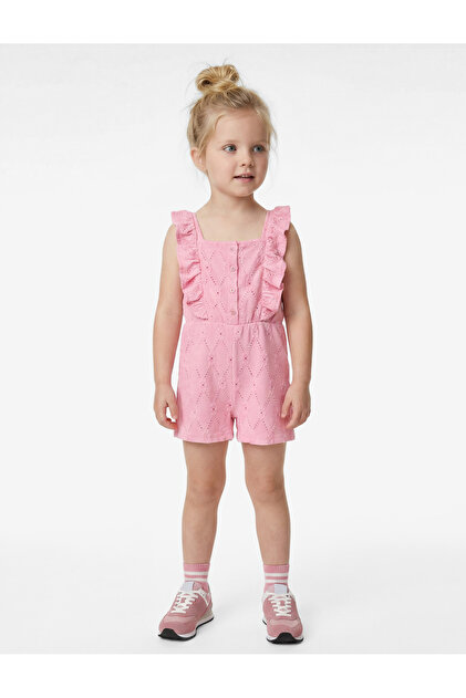 Ruffled Buttoned Square Neck Embroidered Short Jumpsuit