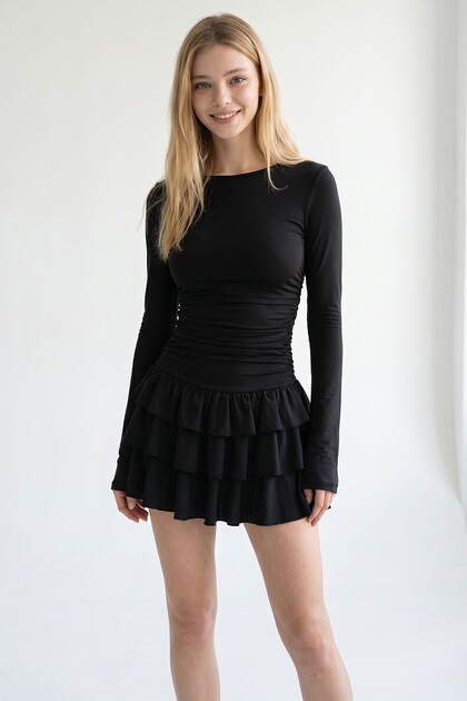 Women's Black Layered Flounce Mini Dress