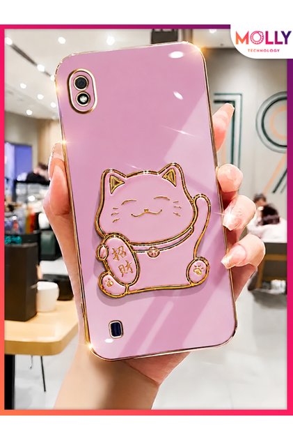 Luxury Silicone Case for Samsung Galaxy A10 with Lilac Edges and Gold Detail Lucky Cat Stand