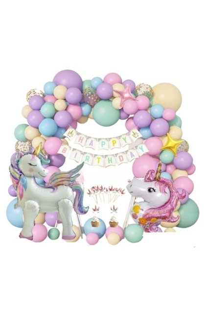 Kit Arcada de Baloane Unicorn, 160 bucăți, 139 Baloane din Latex și Folie, Banner, Toppere pentru Tort, Mov/Roz