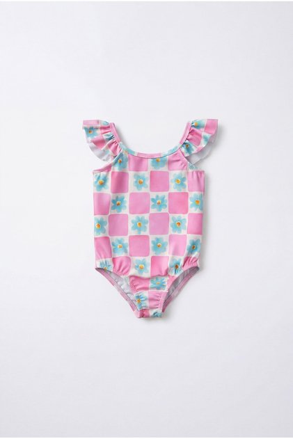 Girl's Cotton Pink Checkered Floral Patterned Swimsuit