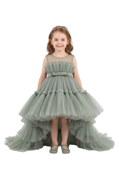 - Sleeveless Ruffled Mesh Party Dress with Bow Belt-Olive Green - 2Y to 12Y