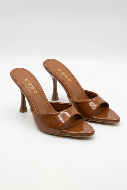 Lumia Shiny Single Strap Pointed Toe Goblet Heeled Slippers - Taba Patent Leather
