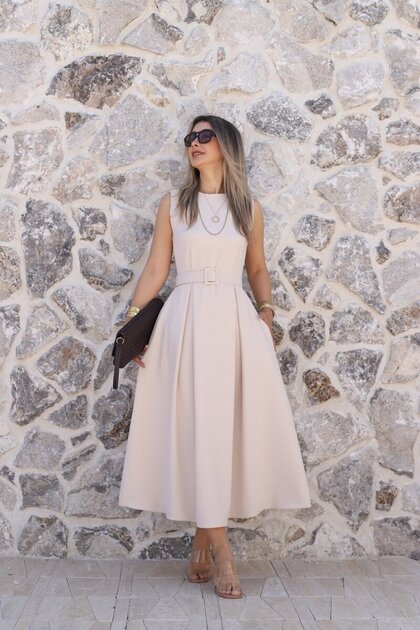 Beige Halter Neck Belted Flared Dress