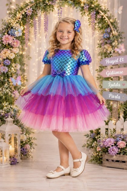 Super Concept Mermaid Sequin Patterned Girl's Evening Dress-Party-Birthday Costume with Tulle Puffy Layered Skirt