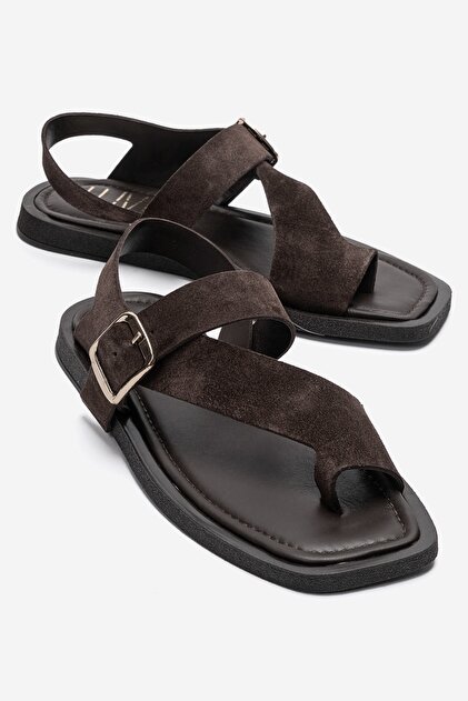 Curry Brown Suede Genuine Leather Flip-Flop Women's Sandals