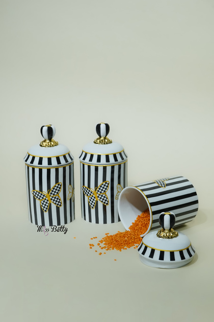 Papillon 3-Piece Large Porcelain Spice Jar Set with Lids Modern Kitchen Spice Set