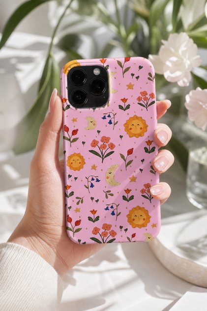iPhone 15 Pro Max Compatible Launch Silicone Sun and Moon Pattern Shock Absorbing Case Pink