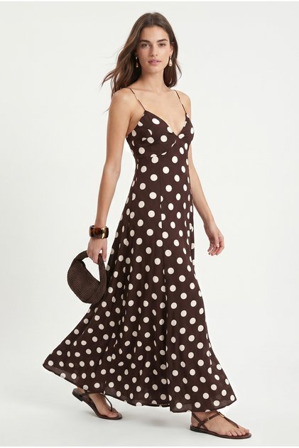 Women's Week Elastic Waist Brown Polka Dot Strappy Long Dress