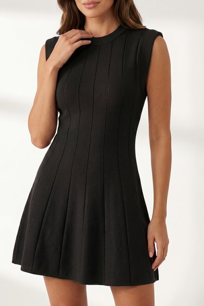 Black Sleeveless Crew Neck Knitwear Dress Standard Fit Regular Cut