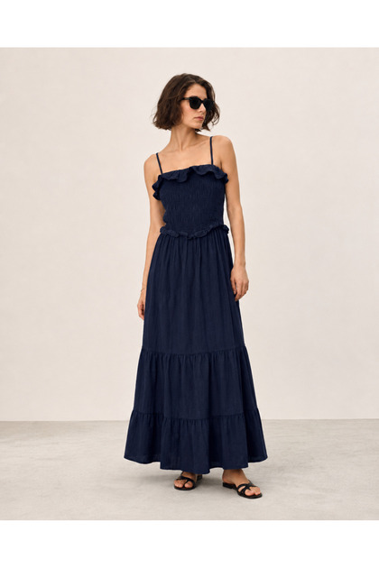 Women's Navy Blue Adjustable Strap Maxi Muslin Dress