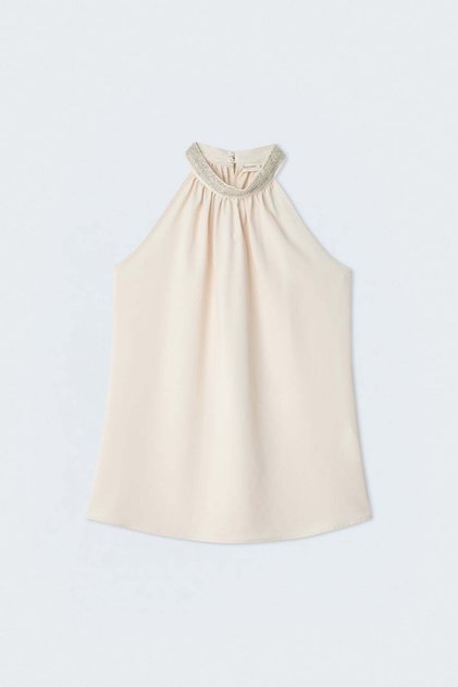 Sleeveless Blouse with Collar Accessories - Beige