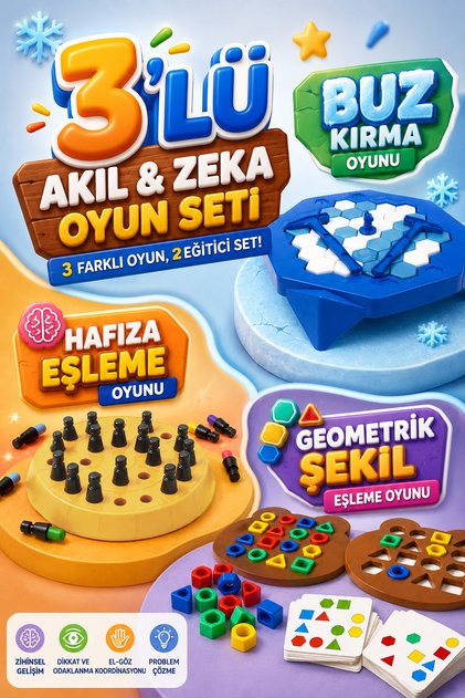 3'lü Oyun Seti - Buz Krallığı -Geometrik Şekil Eşleme Oyunu - Hafıza Eşleme Oyunu - Eğitici ve Öğretici Oyun Seti