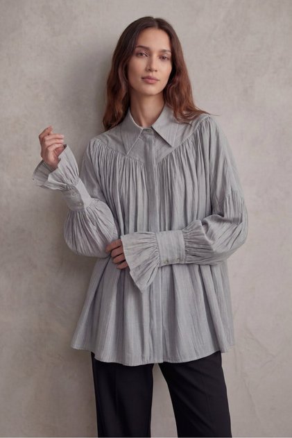 Gray Women's Oversize Shirt with Gathered Sleeves and Low Shoulder Detail