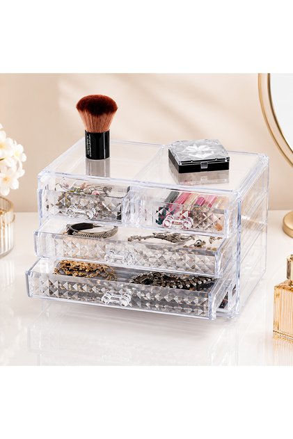 Diamond 4 Compartment Jewelry and Makeup Drawer Transparent Cosmetic Organizer
