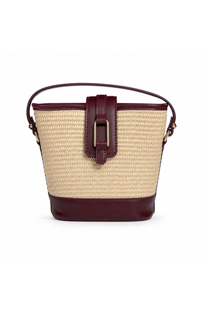 Original Straw Claret Red Bucket Model Gold Buckle Detailed Women's Hand and Shoulder Bag