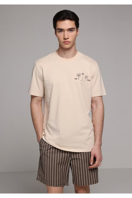 Regular Fit Round Neck Plain Men's Beige Short Sleeve T-Shirt