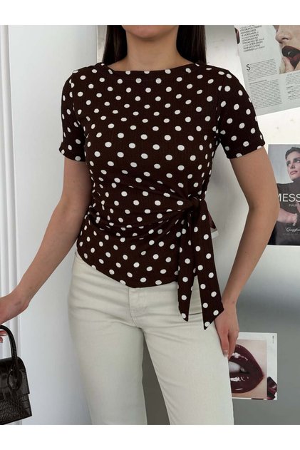 Women's Brown-White Boat Neck Polka Dot Blouse with Tie Detail Elt7250