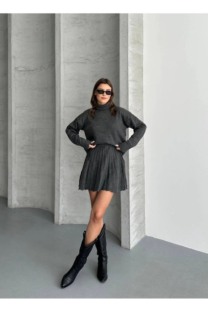 Oversized Turtleneck Sweater with Skirt, Double Knitwear Set
