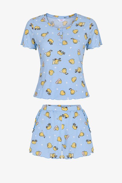 Women's Viscose Lounge Happiness Rib Shorts Sleeve Tank & Shorts Set - Light Blue