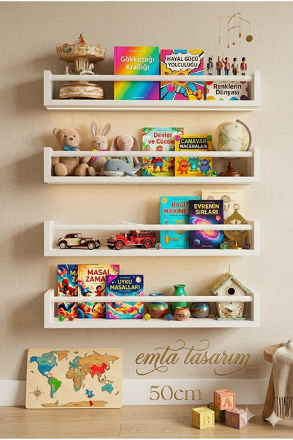 50 cm Beyaz raf 4lü set Montessori kitaplık çocuk odası aksesuar dekorasyon