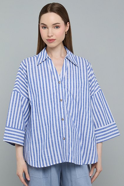 Striped Shirt with Spread Collar and 3/4 Sleeves