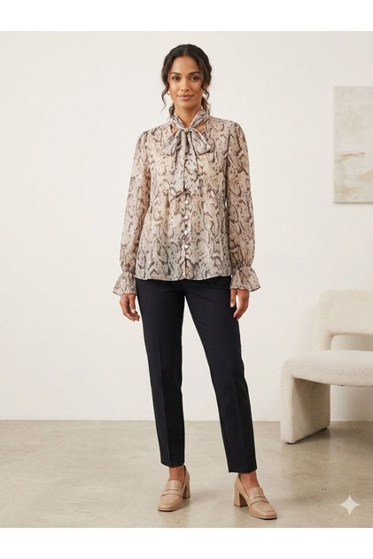 Women's Beige Patterned Collar Tie Draped Shirt