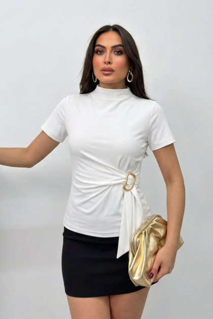 Kadın T-Shirt Kısa Kollu Belden Toka ve Bağlama Detaylı Dik Yaka Sandy Oyşo Kumaş Pamuklu Likralı Şık Tişört